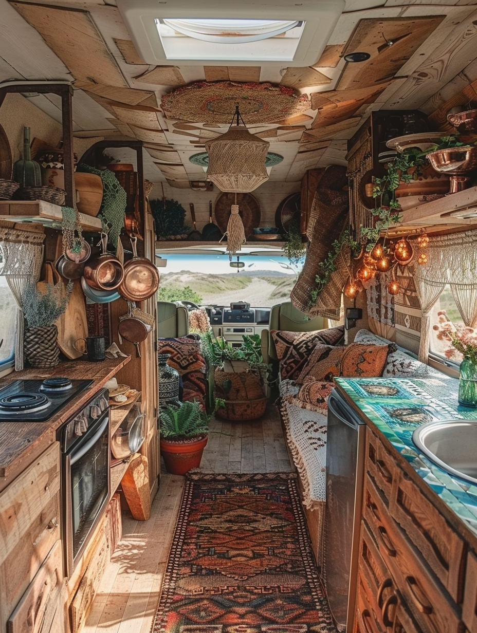 Boho-designed camper. A sprawling bohemian set-up featuring macrame curtains, ethnic pattern rugs, distressed wooden interiors, tropical themed upholstery and botanical indoor plants for green spaces. Display of reclaimed wooden kitchen counters with honed quetszal green countertops lends rustic charm displaying view to hanging metallic copper pans reflecting multi-hued mosaic tile backsplash. Lantern styled pendant lights beckoning towards shiplap walled master suit wrapped in earth-toned merino wool throws drooping over hanging hammock style indoor chair ... Outspherical curtain-open panoramic window frame showcasing an idyllic sunset over a beach front brings an infusion of sunlight based natural light making camper life clutter-free, airy, tranquil and filled with oneness with surroundings.