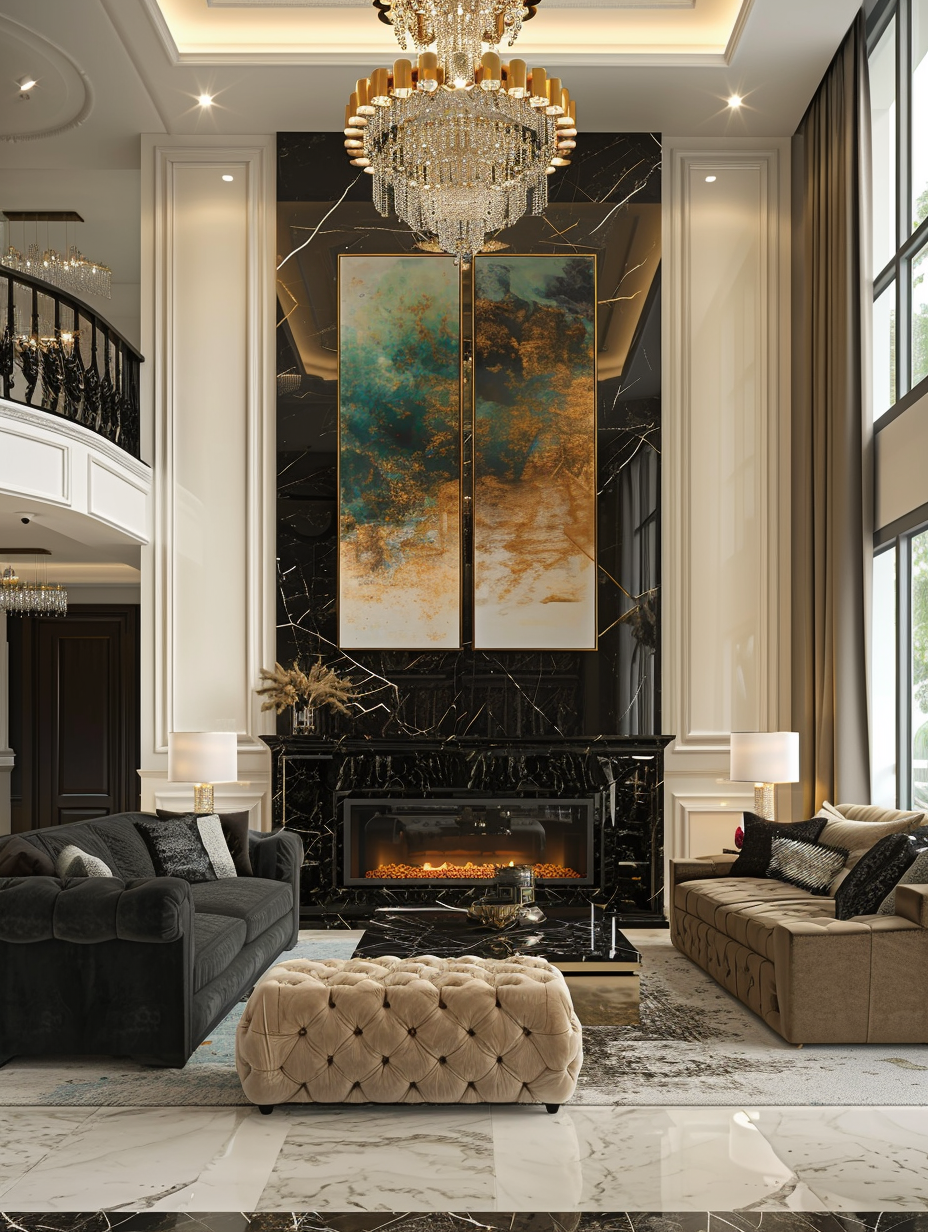 Modern luxurious living room interior design. Massive black marble slate fireplace reaching upwards towards an extravagant crystal and gold chandelier hanging from high ceilings. Trois-piece modern art canvases in hues of gold, coral and turquoise are asymmetrically scattered on a pristine white wall, balancing the heaviness of the black marble and complementing the details within the chandelier.