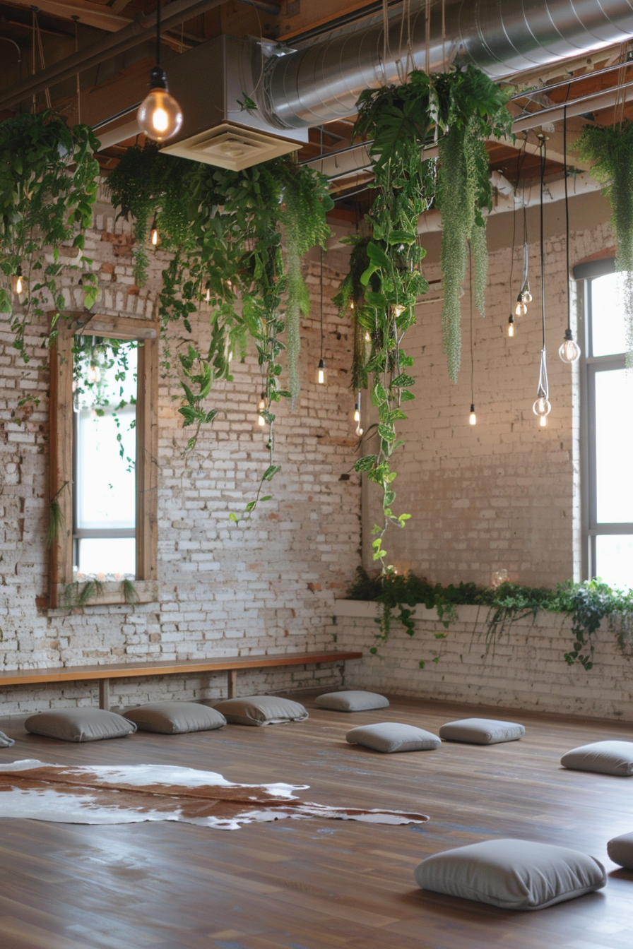 Yoga studio. White exposed brick background wall with warm wooden floor, cowhide rug adding a cozy and boho touch, exposed steel beams for an industrial touch, Nordic design furniture, wall-length mirror adding light and creating a spacious look, suspended bed of plants cascading down for a natural, modern and homey feel, dimmed pendant lights creating soft, relax lighting, differentiated yoga stations with natural hardwood meditation benches matched with tinted navy foam yoga-blocks + silver gray long-cylindrical yoga pillows.