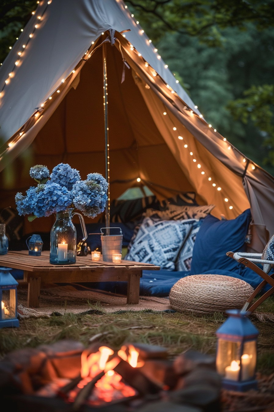 Glamping scene. Twinkling fairy lights draped around a sturdy, midnight blue canvas tent. A scattering of cobalt lanterns cast a whimsical glow over the setup. Navy and sky blue cushions of various sizes and patterns are scattered inside the tent, inviting relaxation. A cerulean glass vase filled with grand hydrangea fantasies, reminiscent of southeast misty mornings, stands as centerpiece on a low, rustic wooden table. Icy Blue vintage metal chairs sit around a campfire, twinkling from the gentle embrace of sapphire starlit candles.