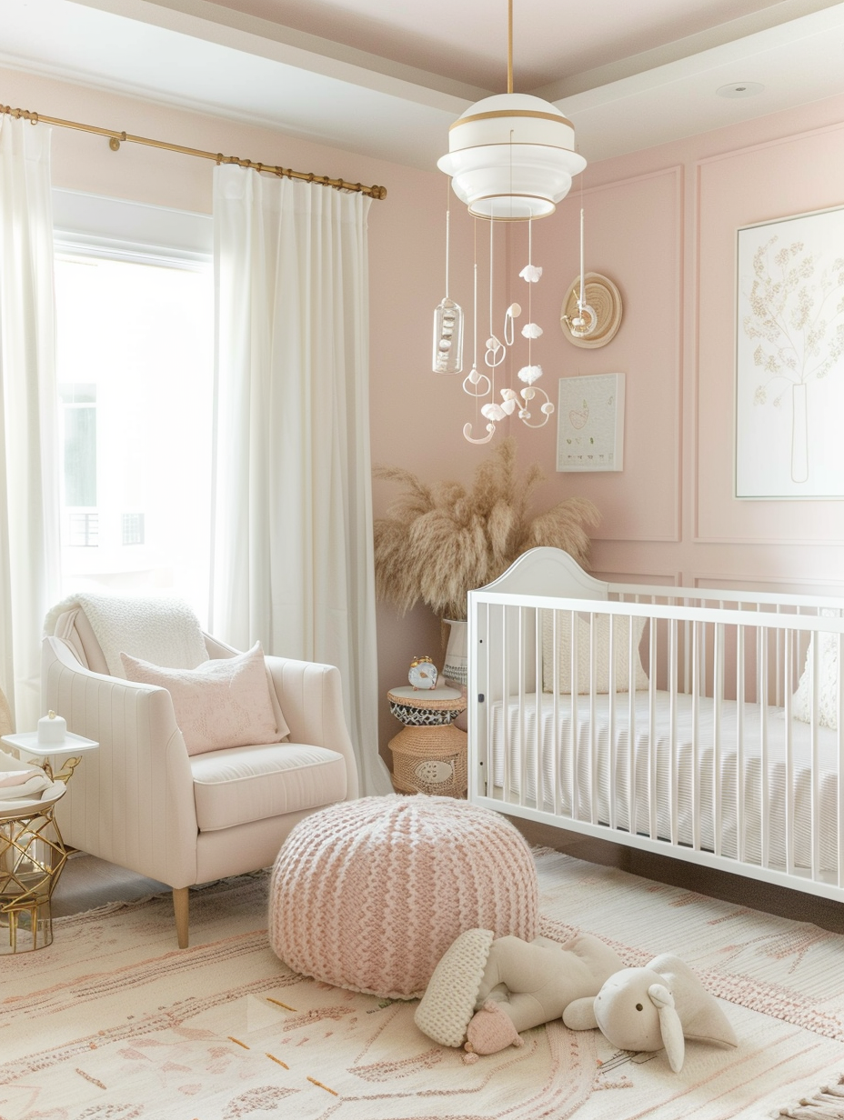 Modern Pink Nursery. A panoramic view featuring blush pink walls, white floor-to-ceiling curtains, and a mid-century styled crib with striped linen. Fills the room with an array of delicate dangling mobiles, a plush area rug with subtle geometric patterns, and small gold-accented furniture.