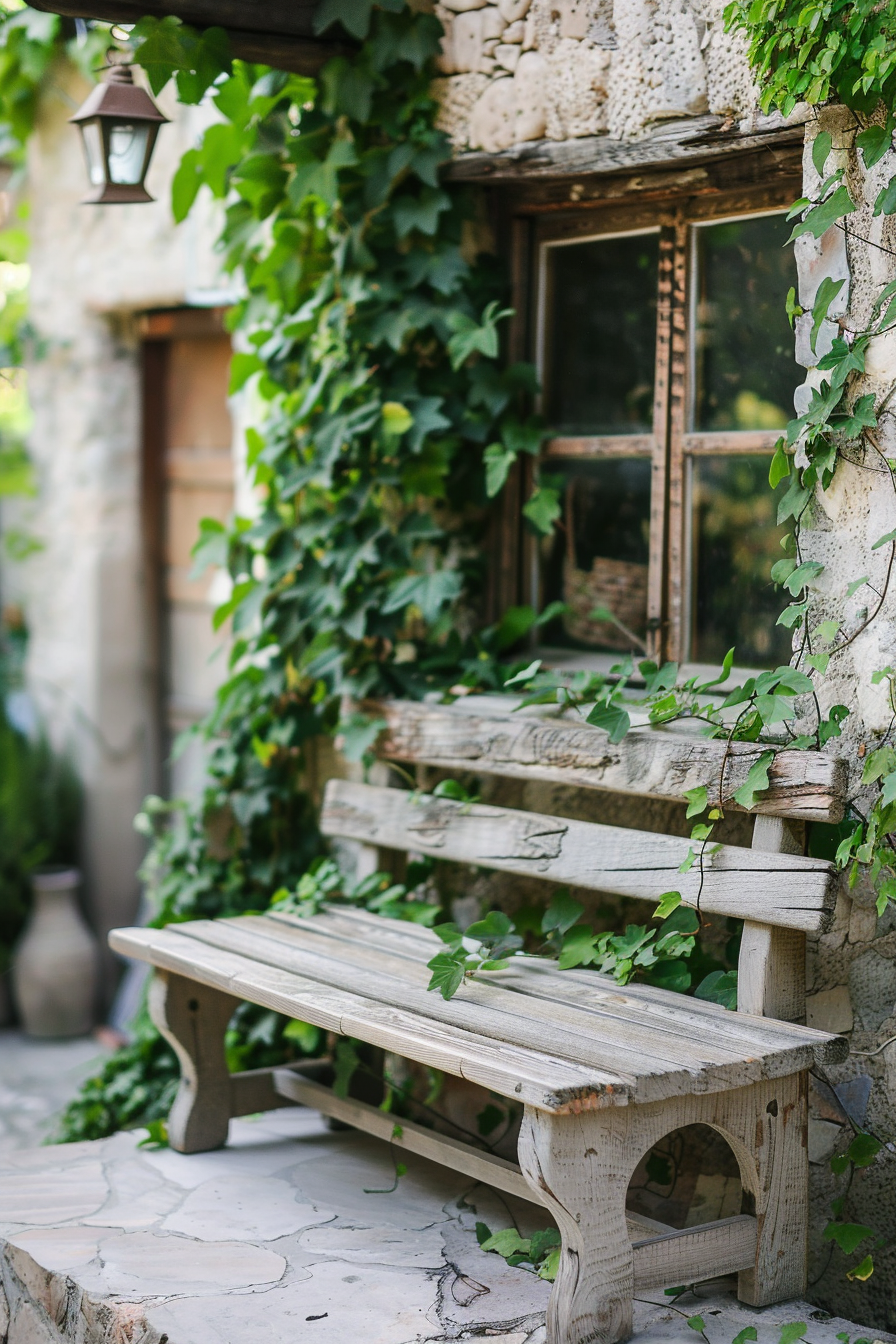 Small urban balcony. Rustic wooden bench with hanging green ivy.