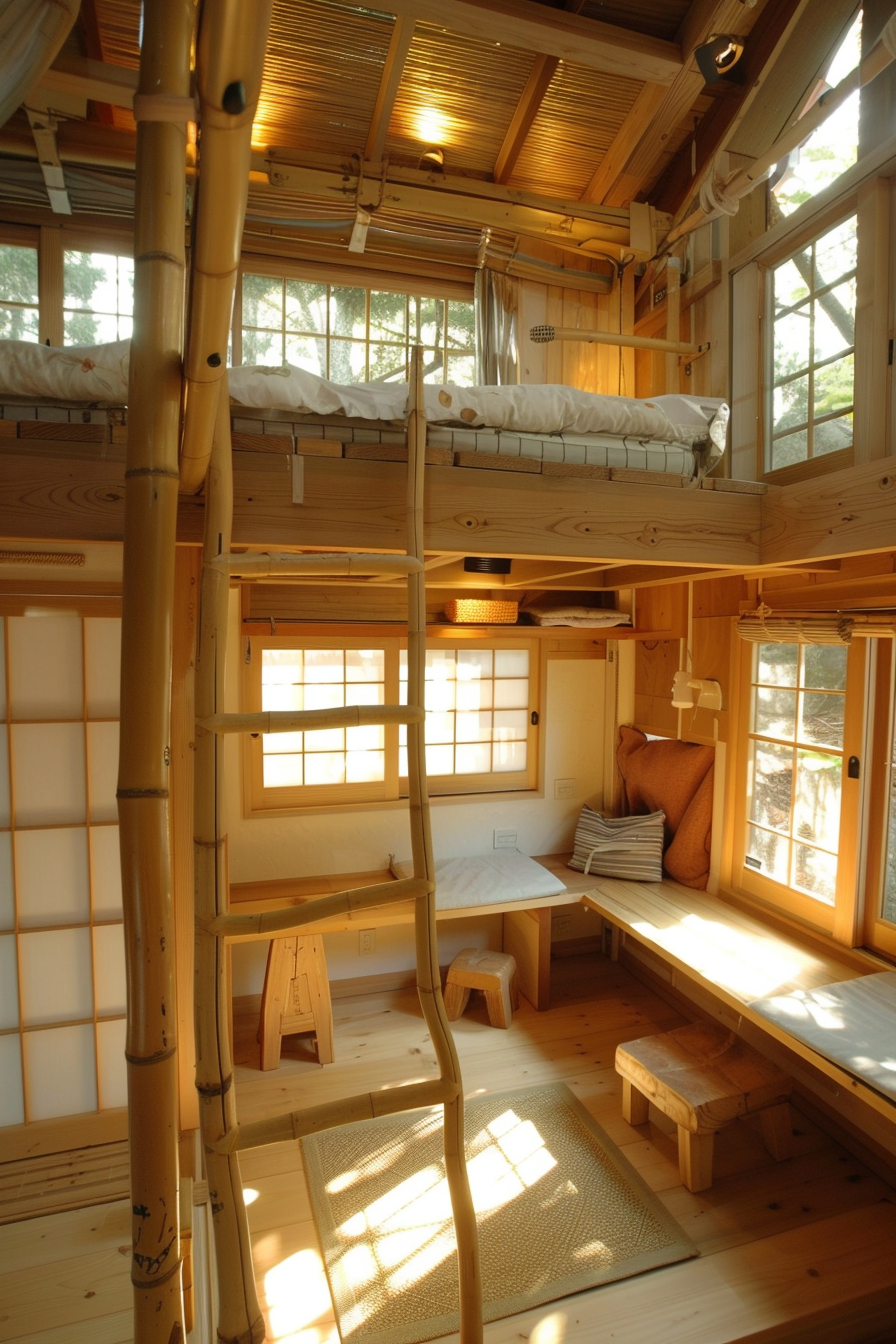 Interior of Japanese tiny house. Natural wood loft with bamboo ladder.