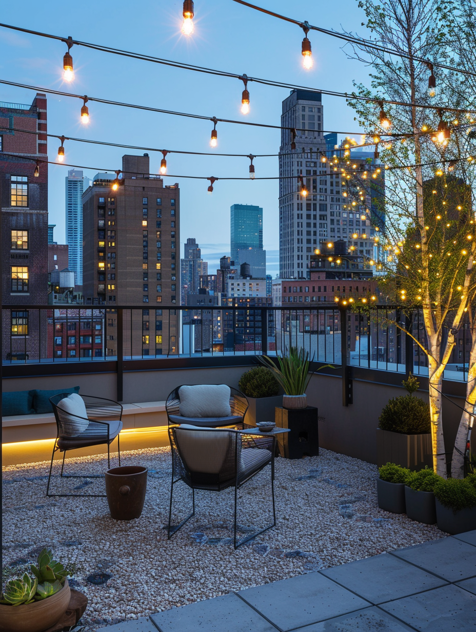 Urban Rooftop. Distinctive skyline view, featuring minimal patio furniture with luminated yellow ambient string lights, gravel ground cover with sporadic potted succulents and unfledged white birch tree.