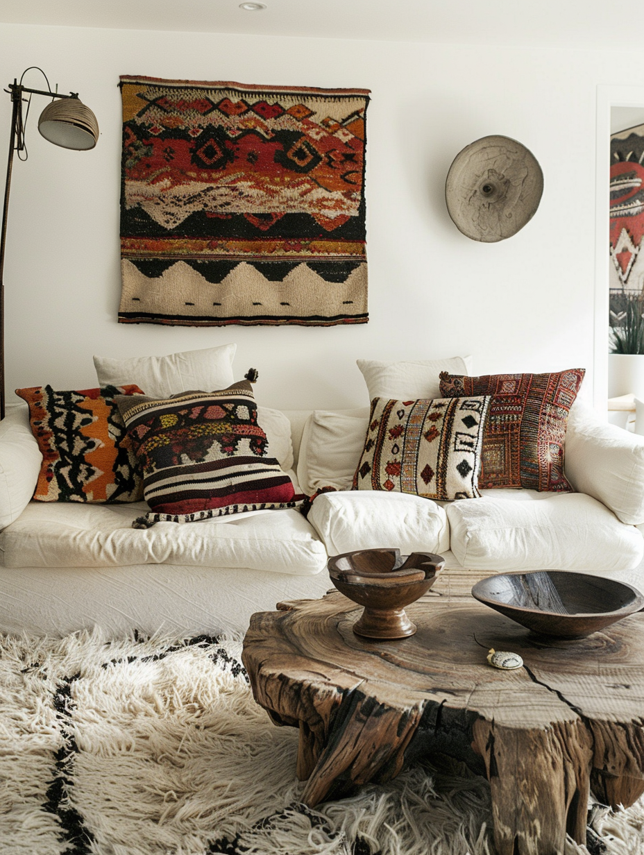 Living room. White cotton sofa with tribal print pillows, natural wood coffee table, white shaggy rug, and bold boho wall art.