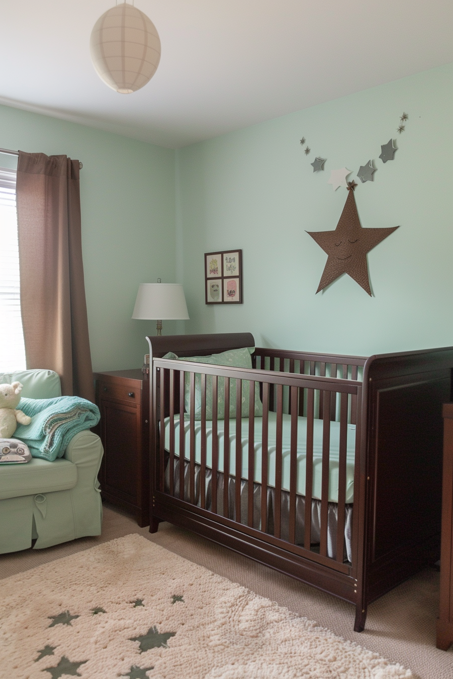 Modern interior baby boy nursery room. Mint walls, dark wood crib, star-themed decor.