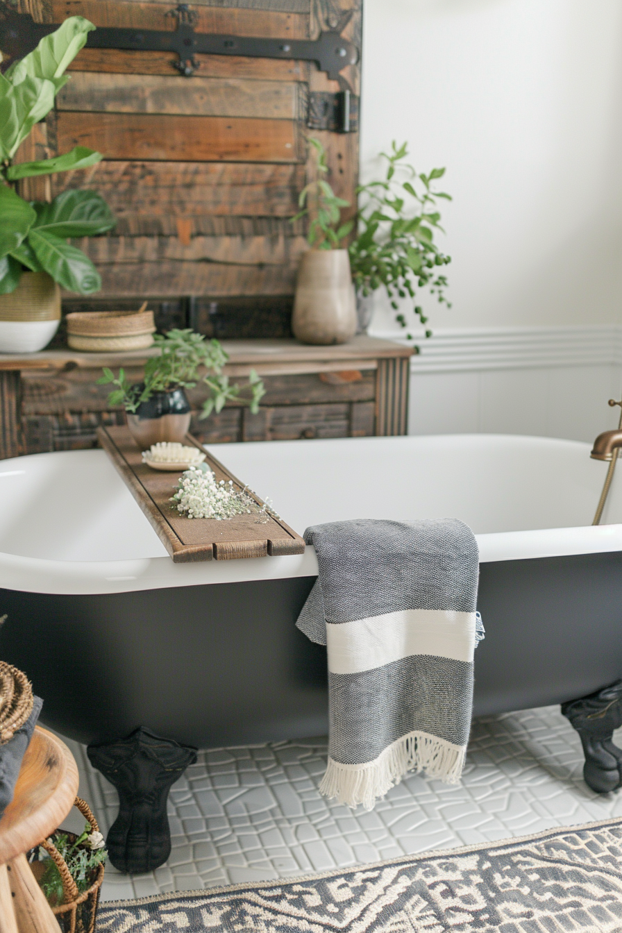 Boho bathroom. Matte charcoal freestanding tub with wooden bath caddy.