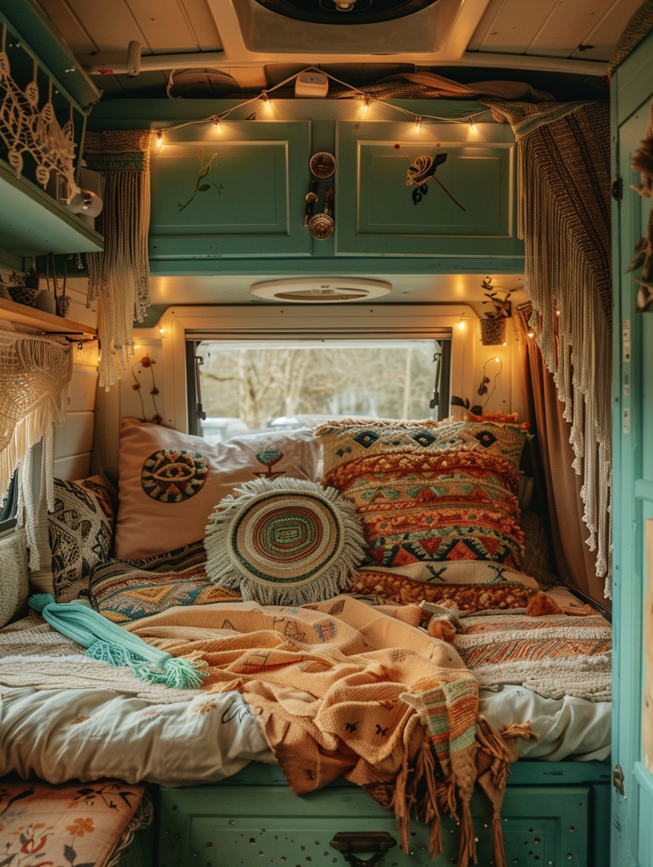 Full interior view of boho designed camper. Pastel colored bedding with Aztec embroidered pillows, macrame decor embellishing the cabinetry in unsaturated teal, warm-tinted fairy lights adorning the overcab area.