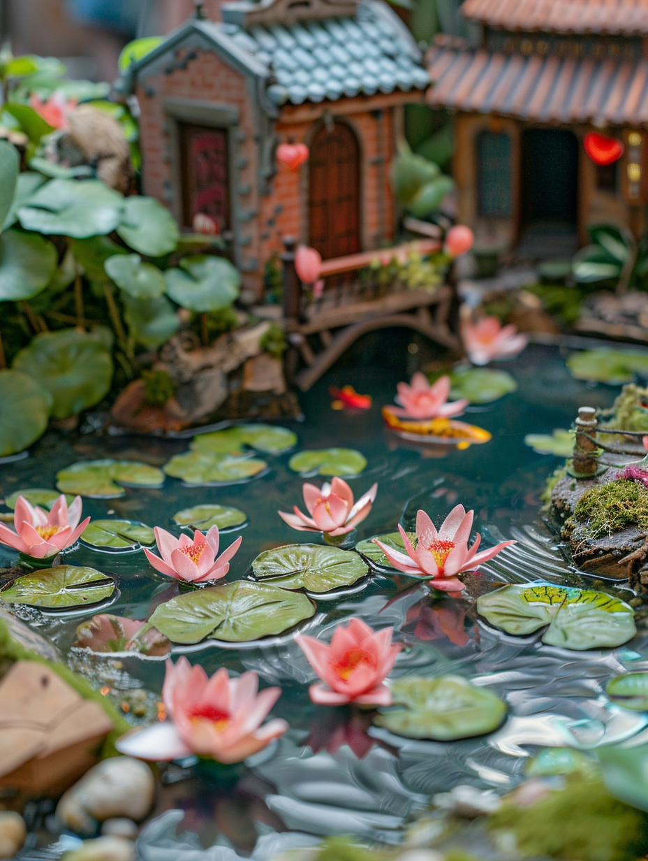 Full view of a small and beautiful urban rooftop. Miniature artificial pond with floating water lilies.