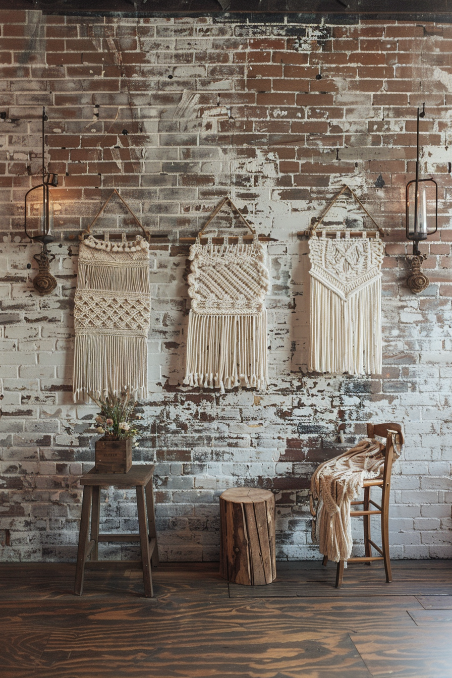 Trendy wall art. Exposed brick wall adorned with macrame hangings.