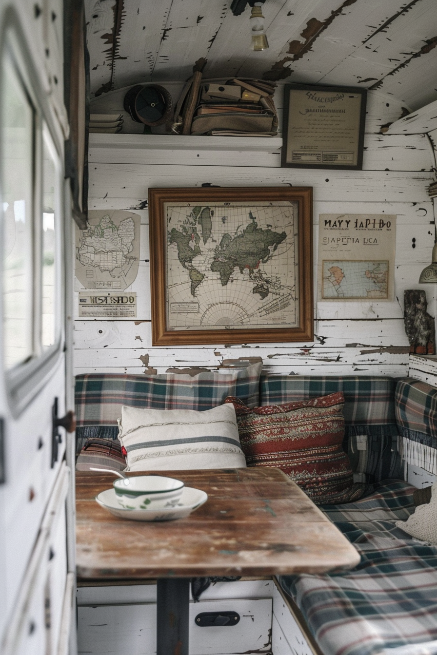 View of small camper interior. Whitewashed wooden walls with vintage maps framed on wall.