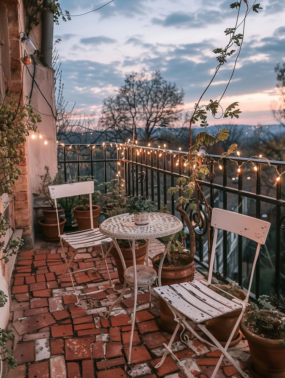 Full view of a small rustic-designed balcony. A white antique bistro set with terra cotta plants in distressed clay pots, red brick floor, and  string fairy lights wrapped on black iron railing, against a backdrop of relaxed twilight sky.