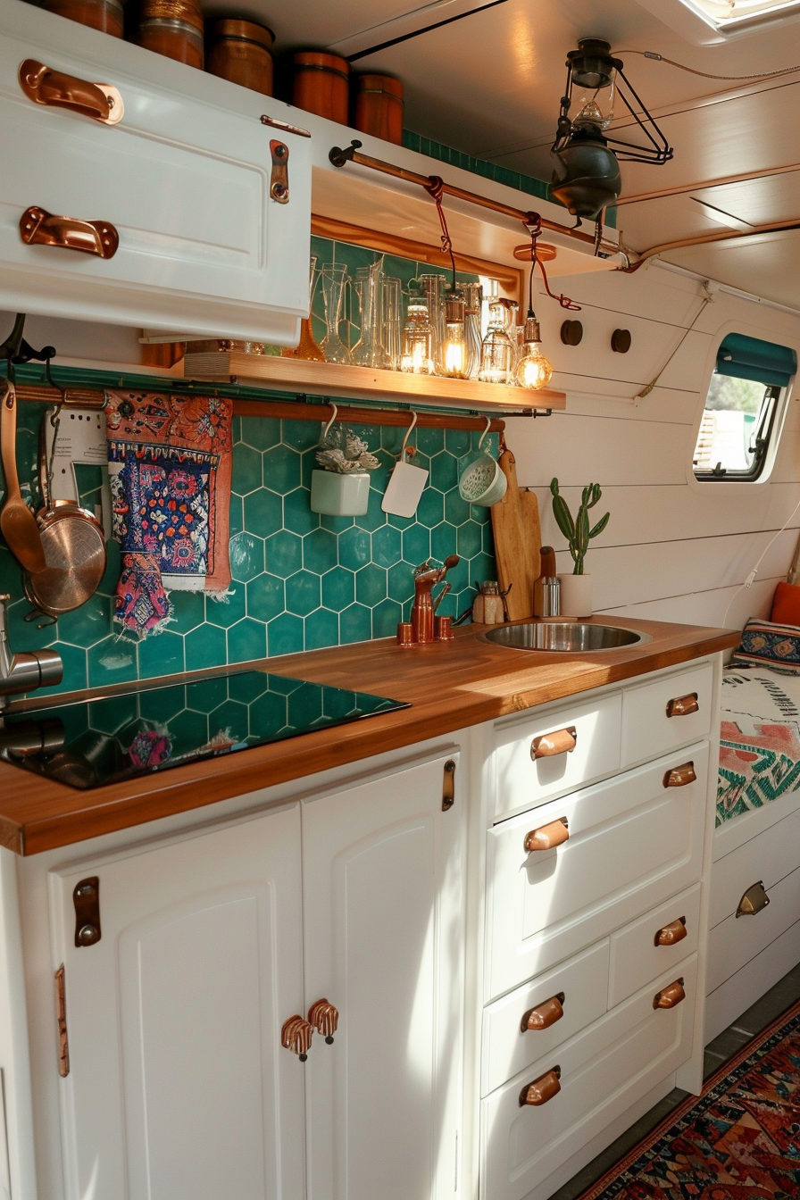 Camper interior view. A compact kitchenette set against the inner wall, covered in retro turquoise tile backsplash, detailed with small antique copper knobs on ivory white cabinets under atmospheric Edison bulb lighting.