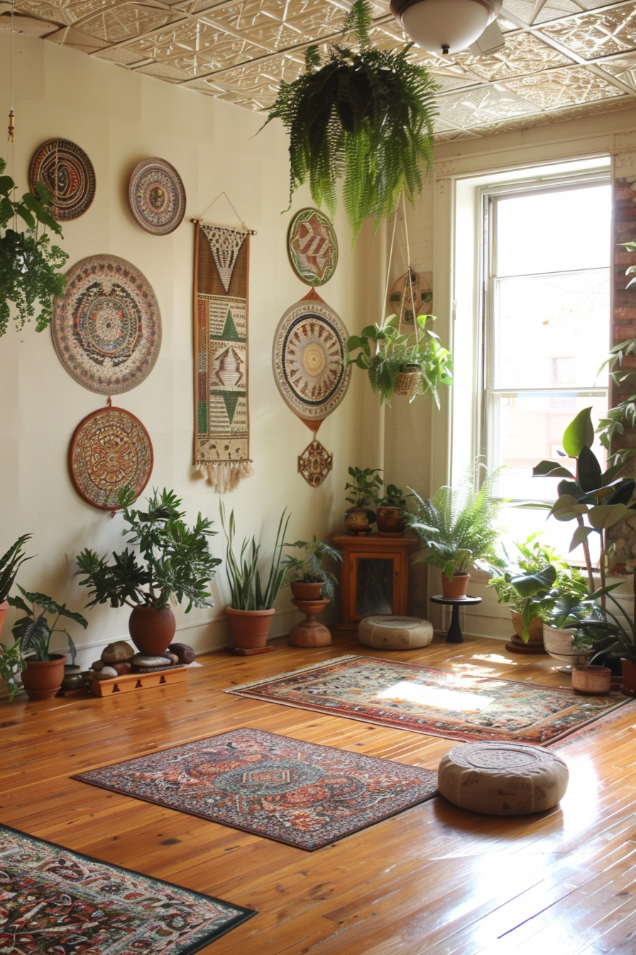 Yoga studio. Wooden floors, abundant indoor plants, and light cream-colored walls adorned with Tribal-Woven Wall Hangings.