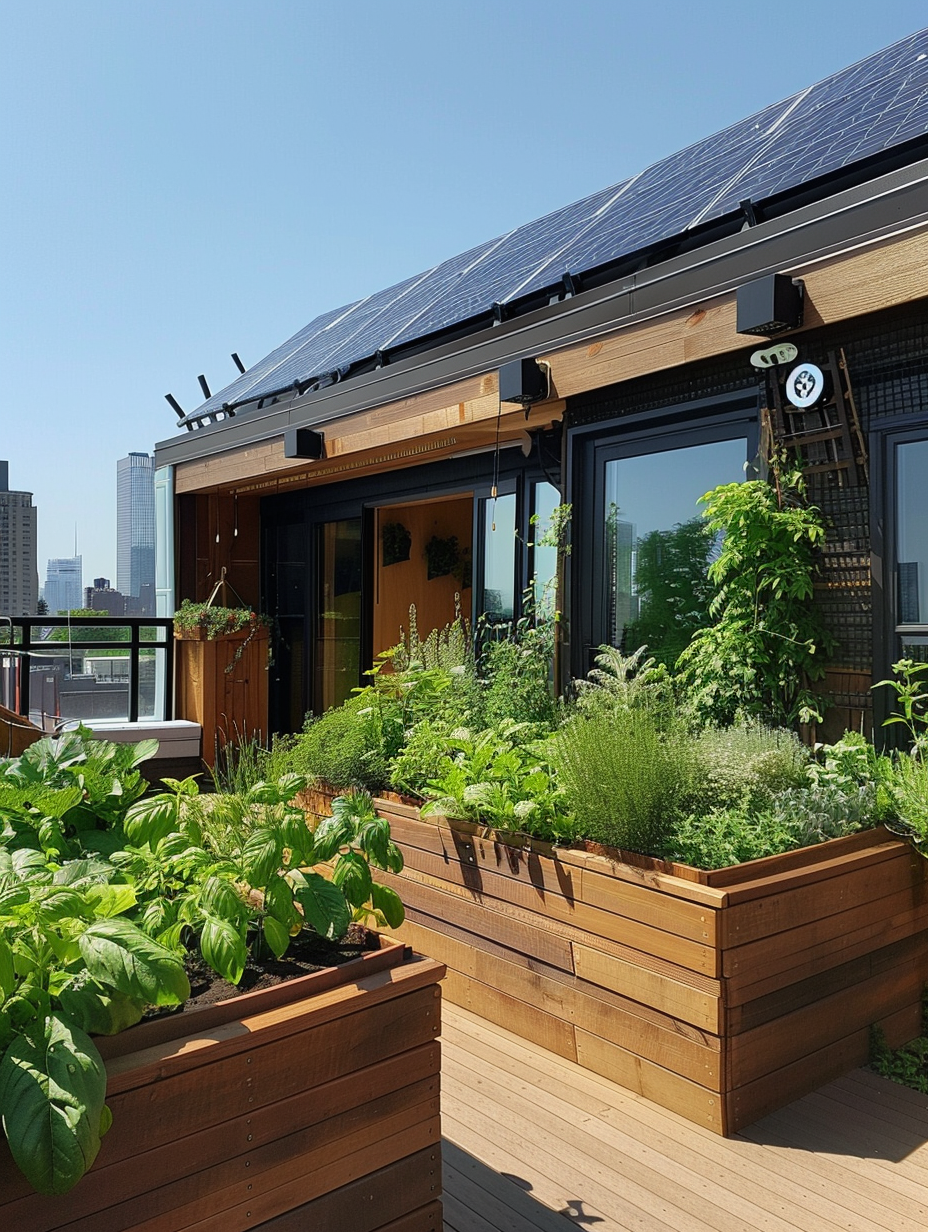 Full view of a small and beautiful urban rooftop. Streamlining green rooftops with solar panels intertwined amidst aromatic herb garden boxes.