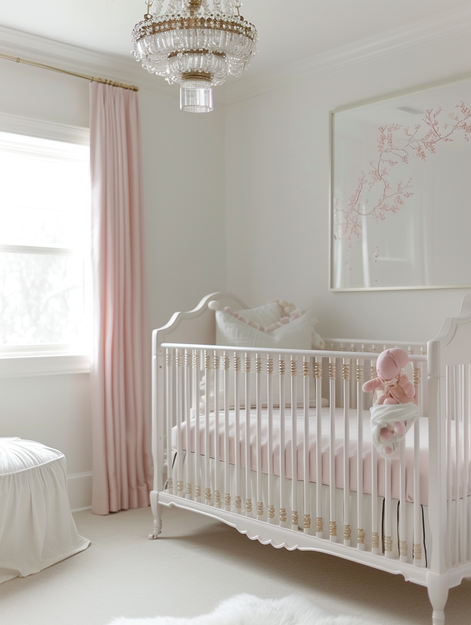 Nursery. Blush pink crib with white bedding