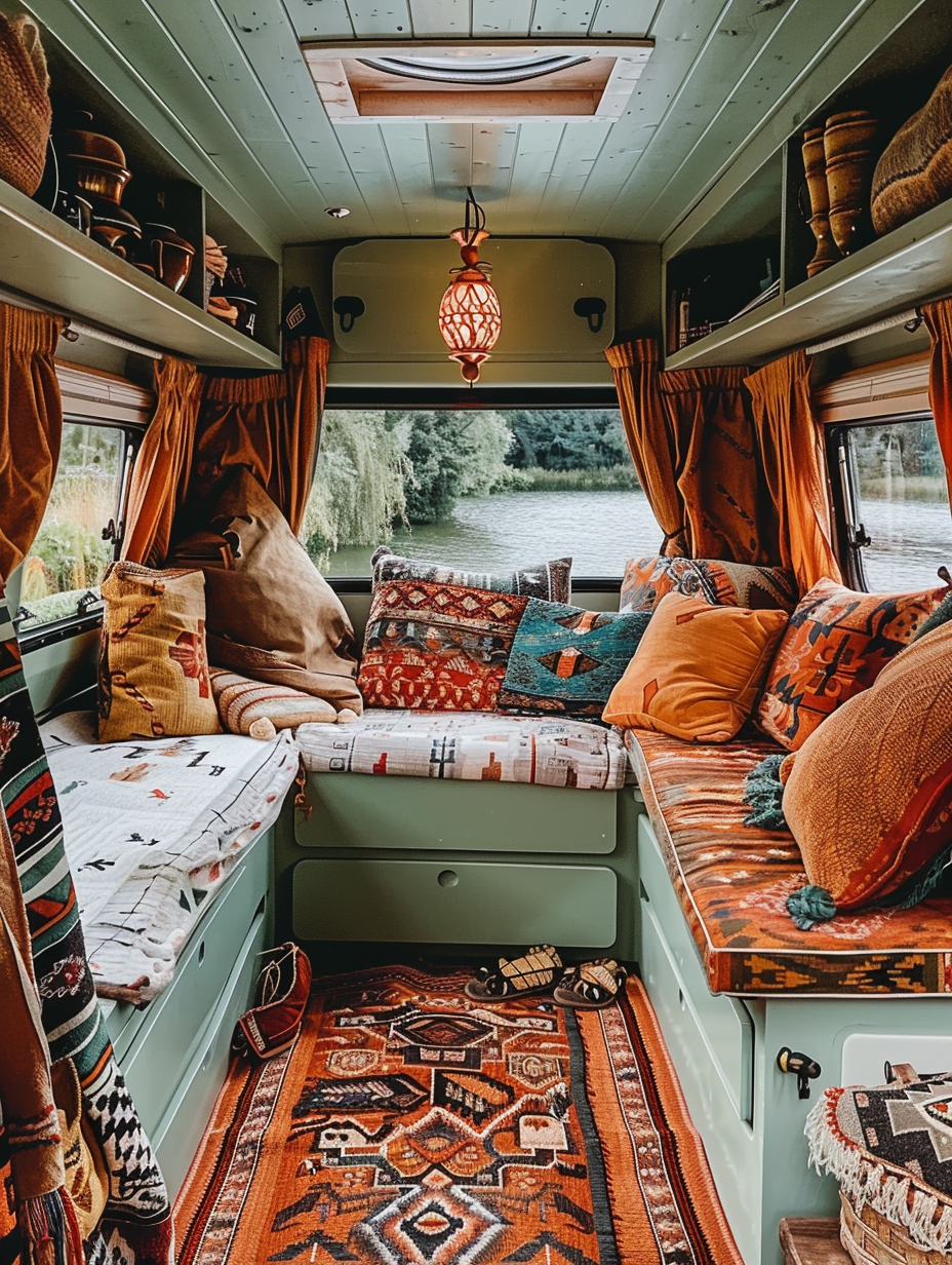 Boho designed camper. Sage green exterior, Moroccan printed interior curtains, multicoloured Southwestern throw pillows, and rich natural wood furniture.