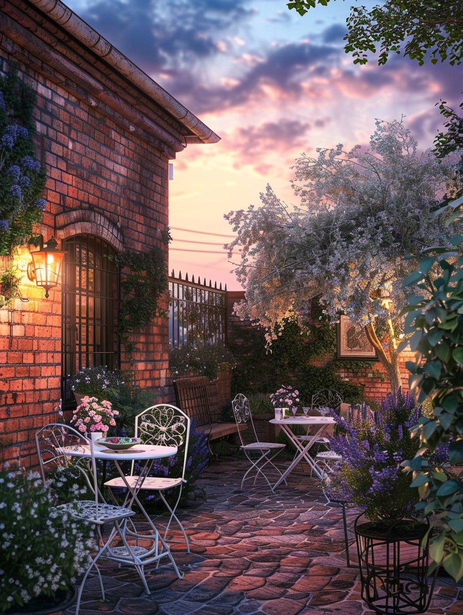 Urban Rooftop. Garden with potted lavender and jasmine, Victorian style white bistro set, surrounded by red brick walls under twilight sky.