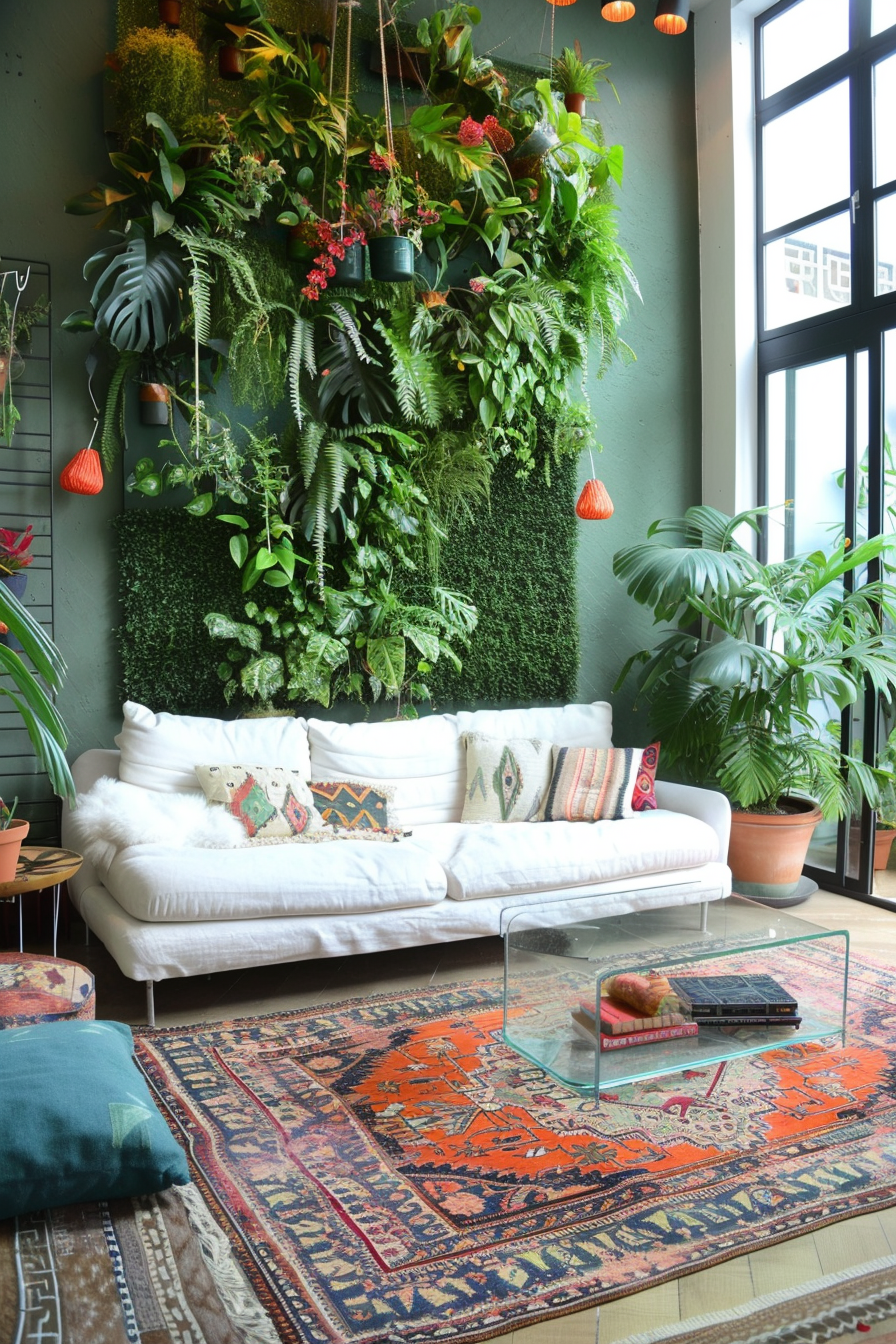 Living room design. Boho rug, white futon sofa, glass coffee table and a vertical green wall with grass and mix of hanging plants.