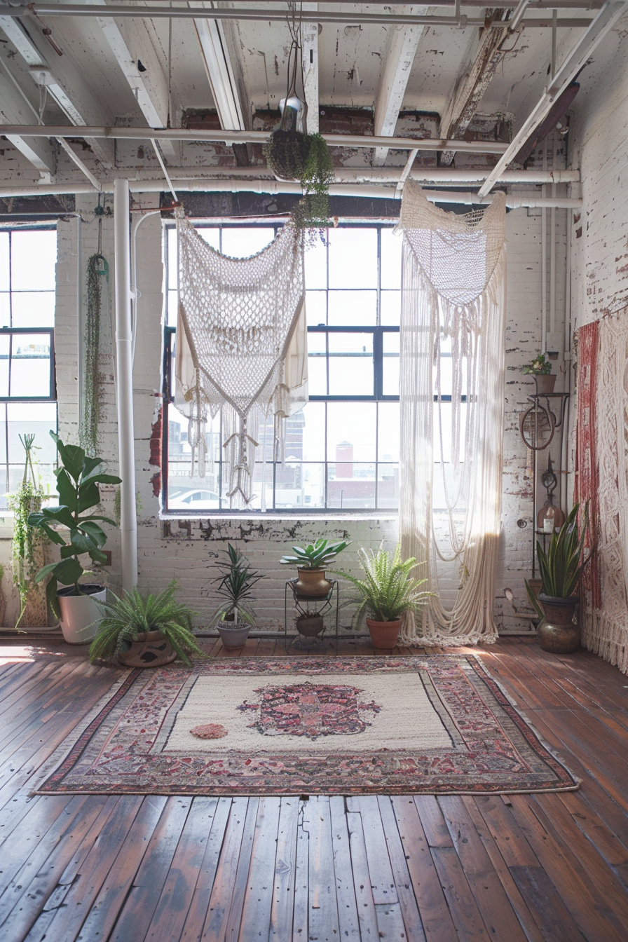 Yoga studio. Loft-space with maple plank floors, tattered Persian rugs, an old pewter tea kettle converted into a tiny potted succulent garden, and large north-facing windows decorated with dense white macrame window dressing featuring extensive fringe details.