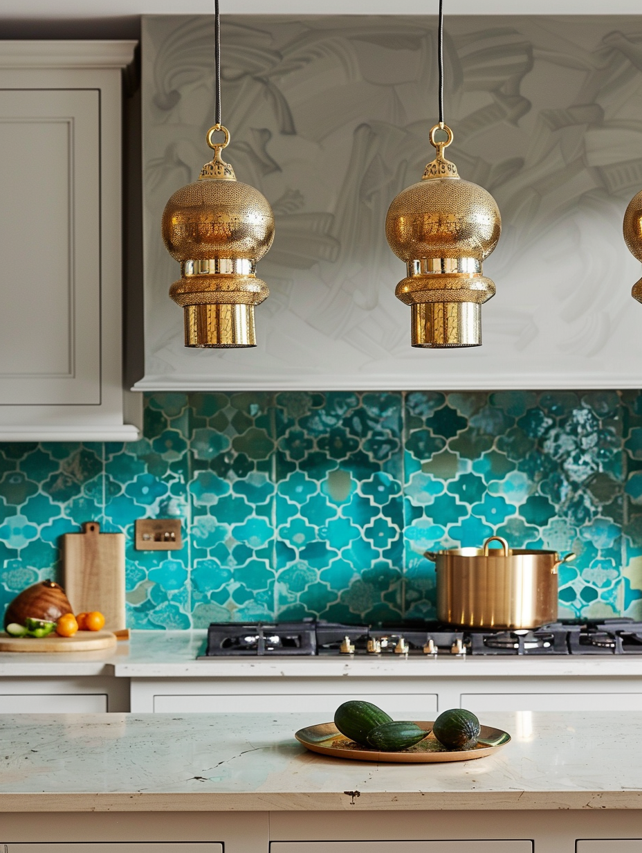 Boho Kitchen. Teal Moroccan backsplash tiles with gold pendant lights.