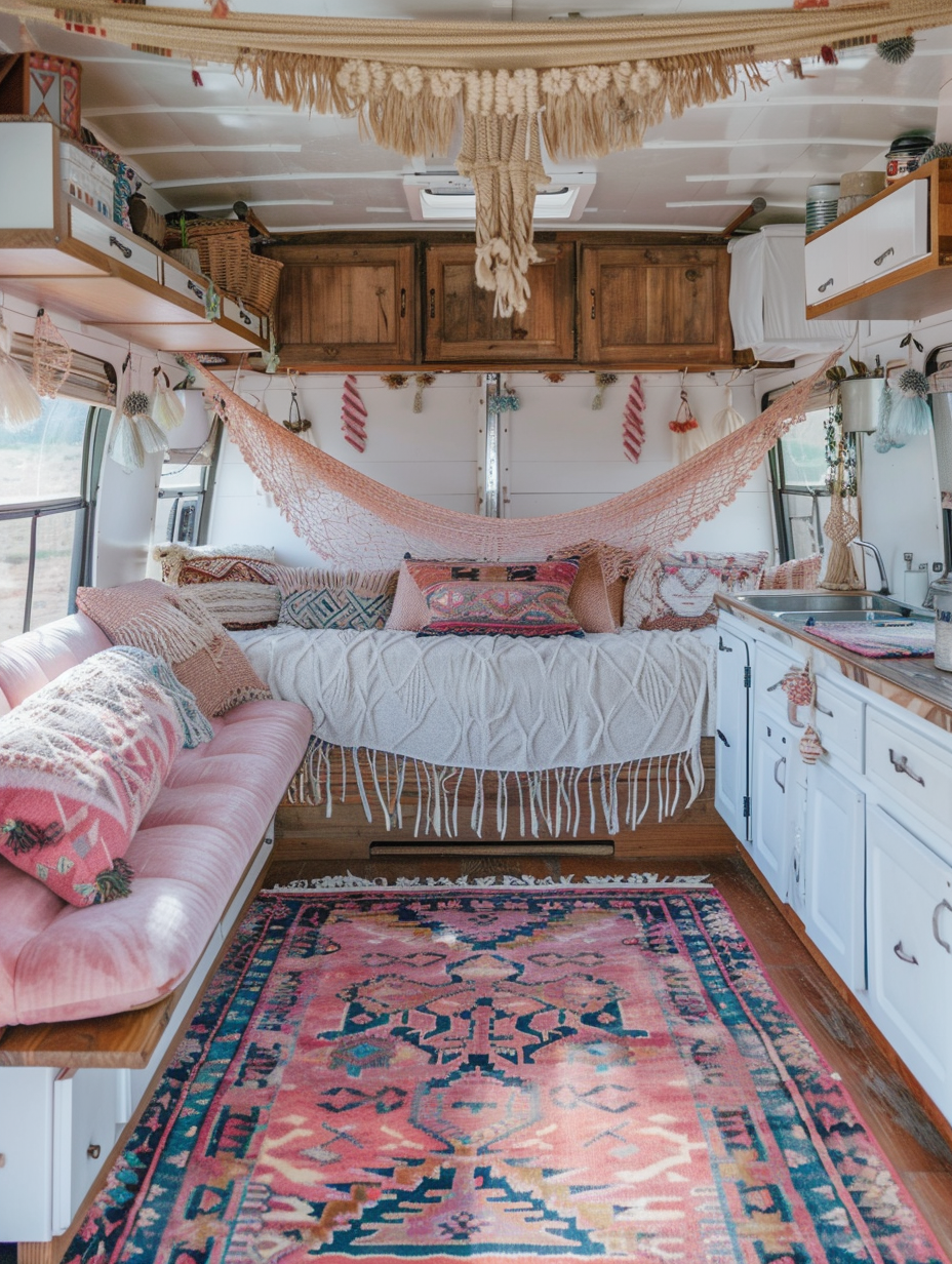 Interior view of a boho designed camper. Tribal Aztec inspired rug in pastel pink and blues complemented by hanging hammock of muted earth tones.