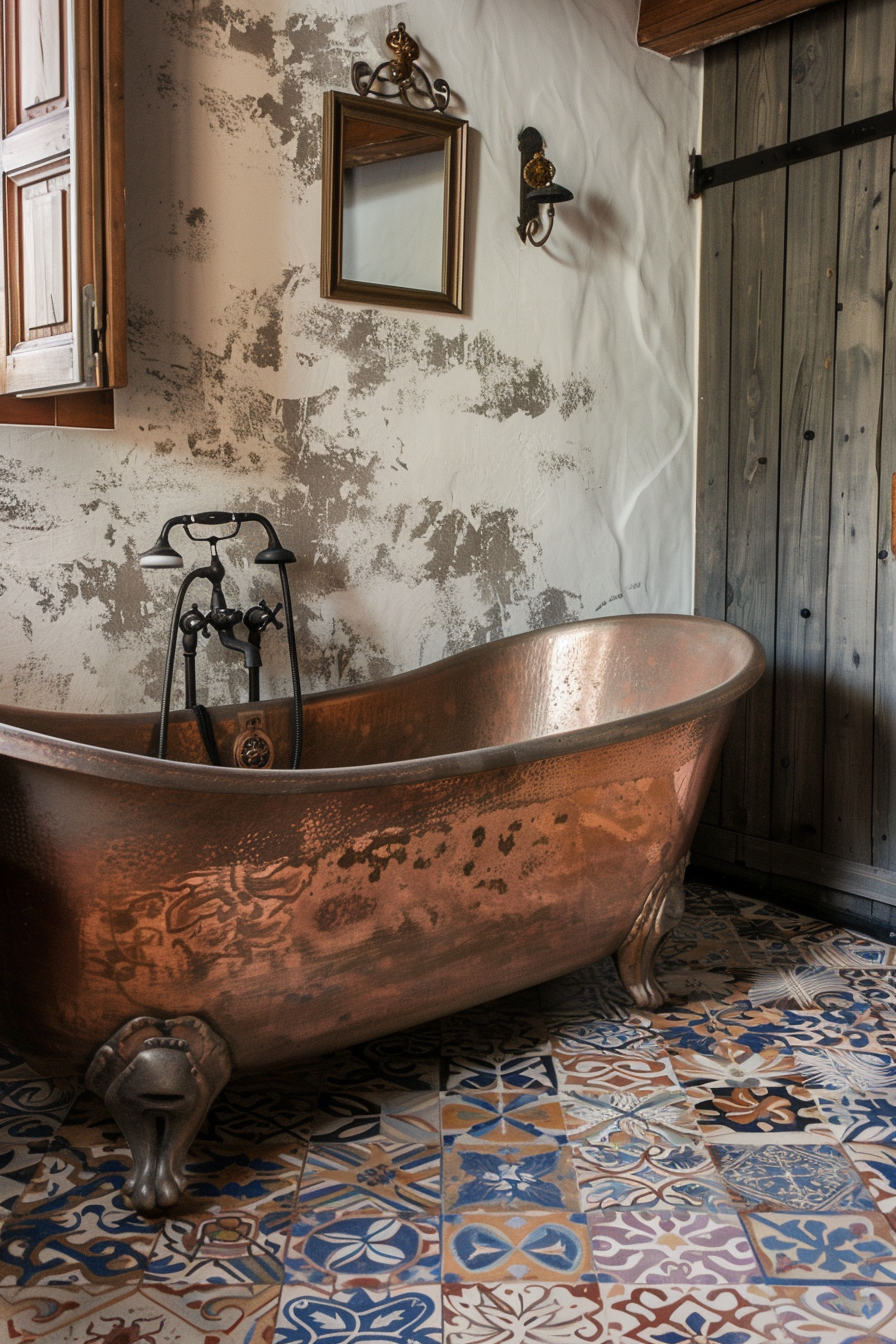 Earthy Boho Bathroom. Freestanding copper bathtub with Moroccan tile flooring.