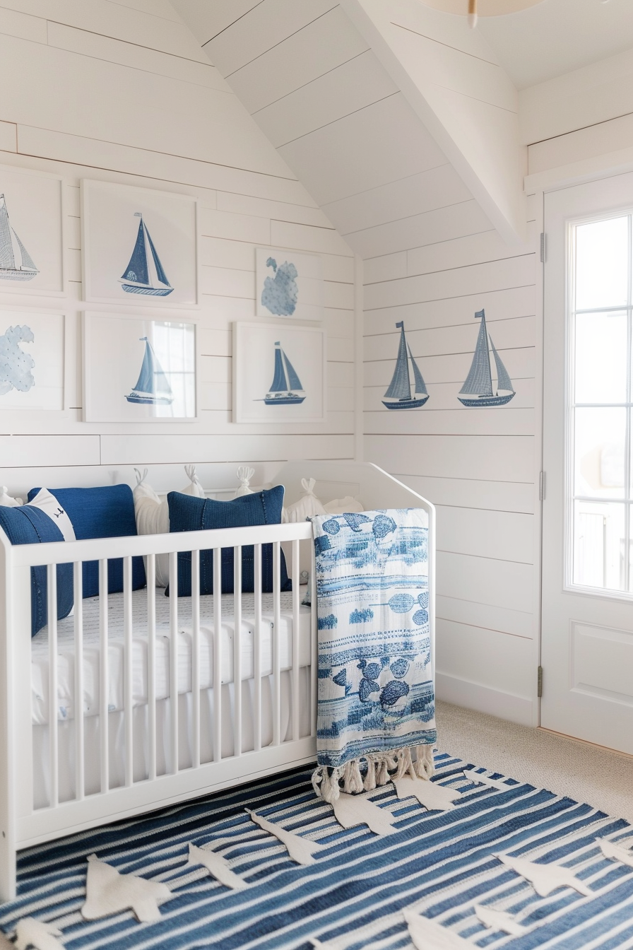 Modern baby boy nursery. Wide view featuring azure sailboat motifs on white shiplap walls.