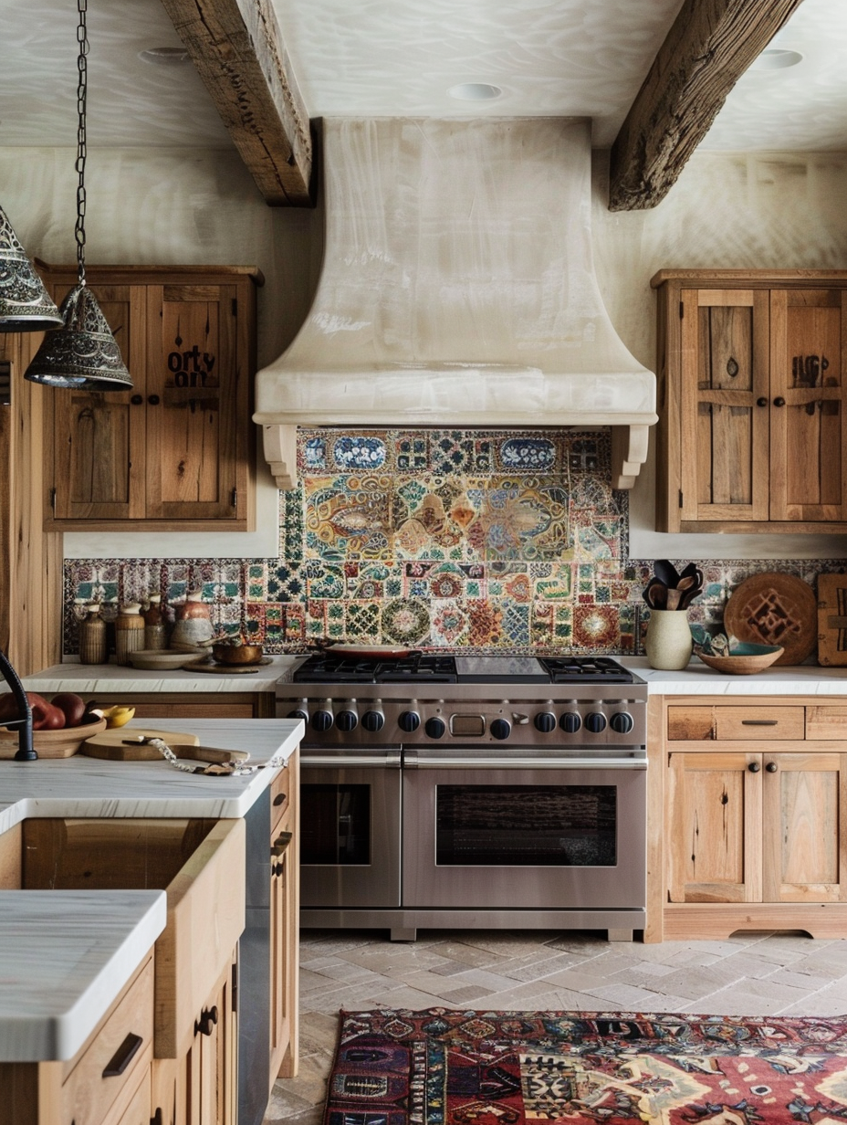 Boho Kitchen. Natural wood cabinets with multicolored Moroccan wall tiles.