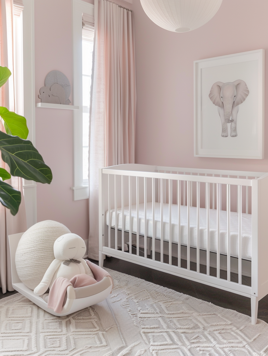 Wide view of modern pink nursery. Pale pink walls, minimalist white oak crib, geometric-patterned gray rug, and a white plush rocking elephant.