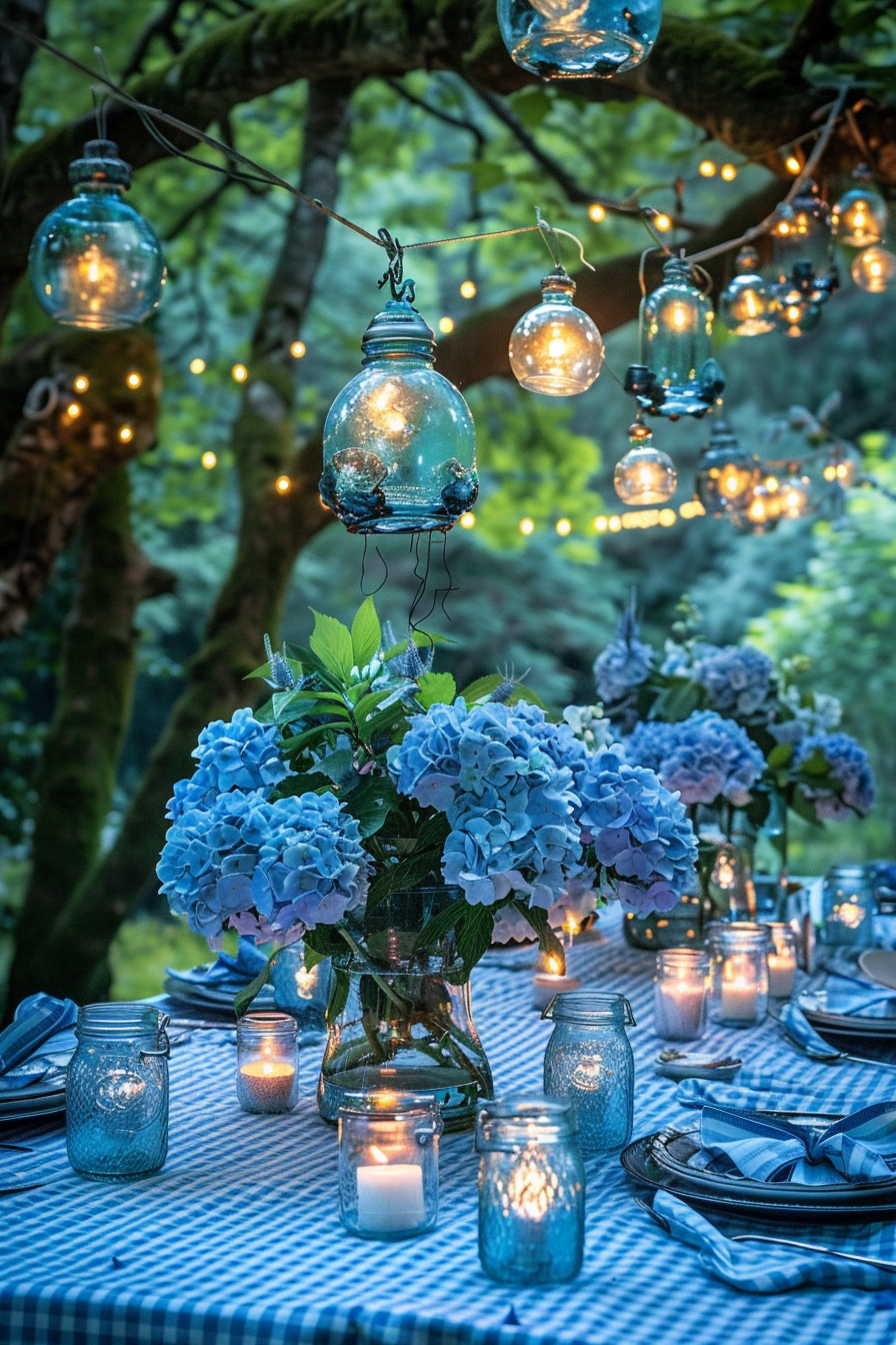 Blue themed glamping scene. Accessories of gingham blue tablecloth set under string fairy lights broadcasting ethereal tone and a melodious atmosphere, adorned further by a collection of glass jars housing light blue hydrangea blossoms resting on the table. Hanging from towering trees are blue mason jar candle holders twirling lightly with the night grace. Festooned at a desirable distance, voluminous light blue fabric tents pitched securely on the verdure under the sparkling cloak of cosmos. Around the mystic glamping plot, clusters of blue-tinted glass decorations on soft blue ornate metal stands mark the boundary. Overall, a serene show of azure decor instilling tranquility among nature's cradle.