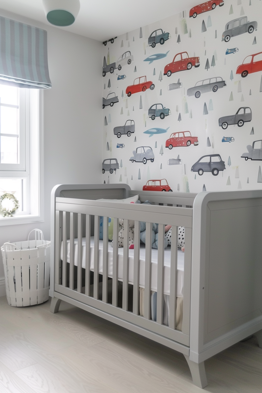 Modern interior baby boy nursery. Light grey cot, white floor, walls adorned with car decals.