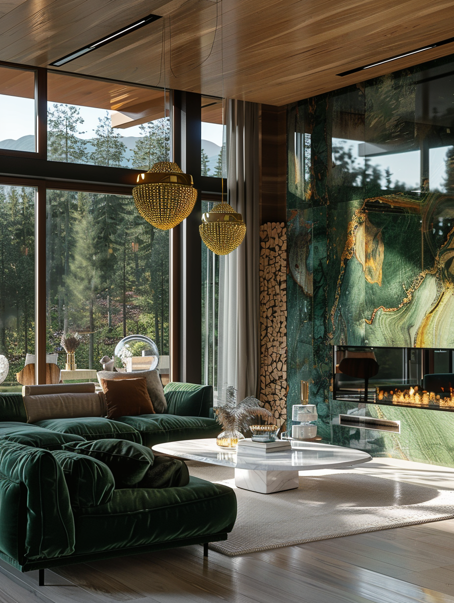 Interior design of a living room. Jade green velvet sofa, white marble coffee table, sleek gas fireplace with glass beads, gold pendant light hanging from a 20 ft ceiling, glossy hardwood floor, glass wall with nature view, large abstract acrylic painting on one wall.