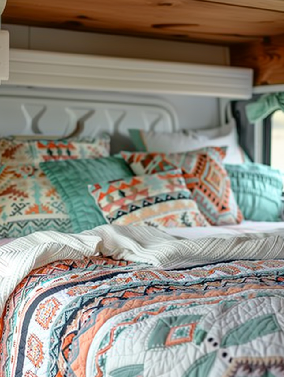 Interior view of camper. Bohemian design, aztec patterns paired with pastel colored throw pillows and quilted bedspread.