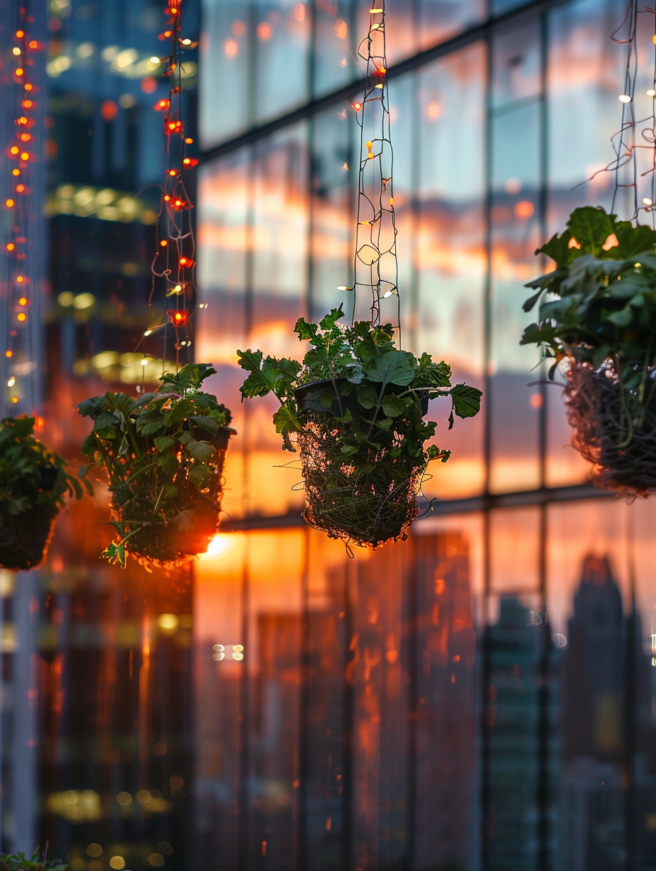 Small and beautiful urban rooftop. Hanging basket vegetable garden with tiny fairy lights twisted around them on the backdrop of a sunset reflecting off of skyscraper’s glass panes.