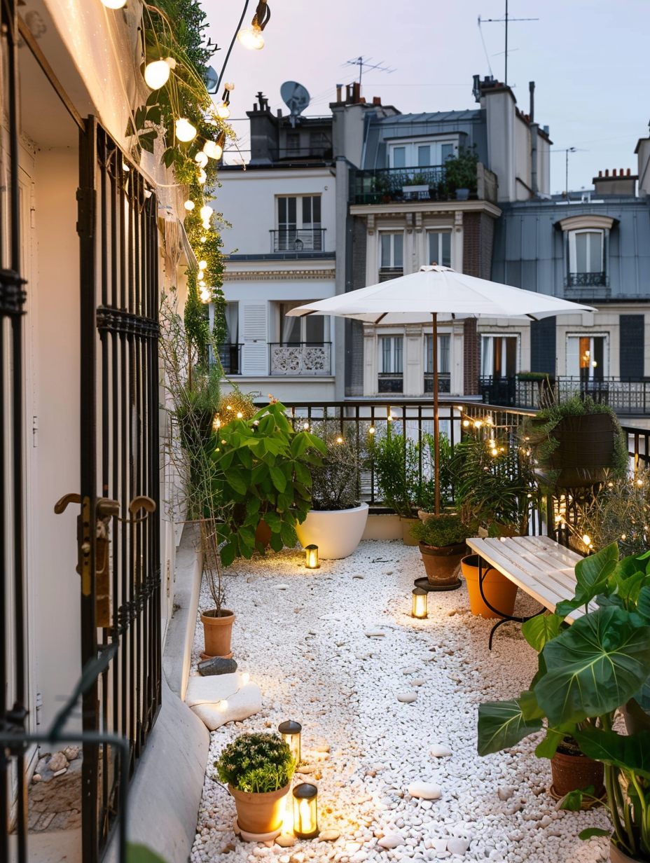 Small and beautiful Urban Rooftop. Potted green plants spread near the railings, white pebbled path leading to an antique wrought iron bench, canvas parasol in white, shrouded by warm fairy lights.