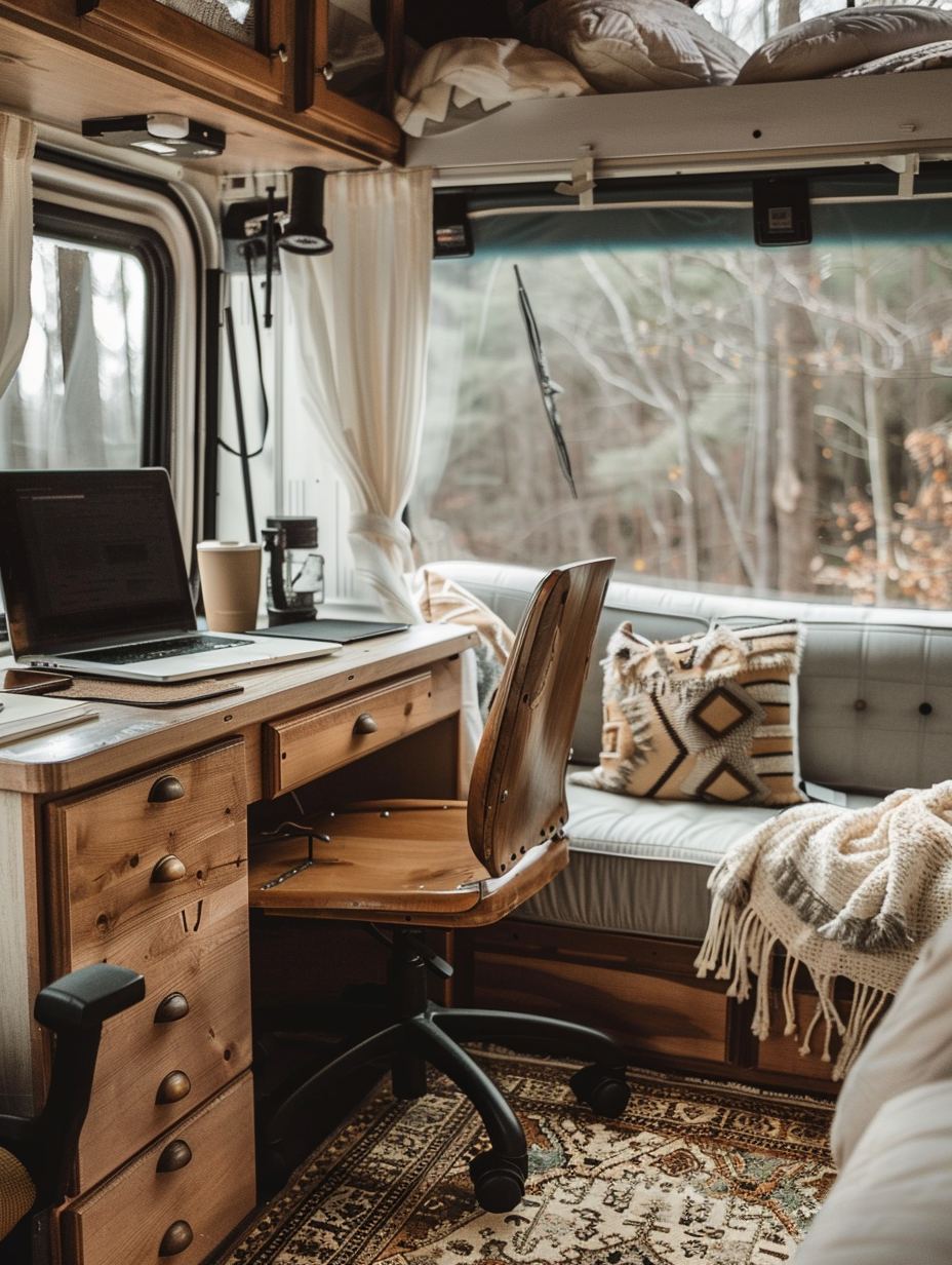 Interior of an RV for remote working. Minimal wooden workdesk nestled against a floor to ceiling window, natural light illuminating a MacBook, ergonomic swivel chair, compact drawers built beneath the desk, mini-fridge near-bye, white-and-gold vintage rug overlaying the comfy built-in double sofa-bed at the corner.