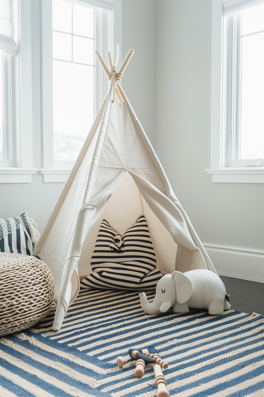 Modern interior baby boy nursery room. Teepee tent, elephant shaped pillow, navy striped rug.