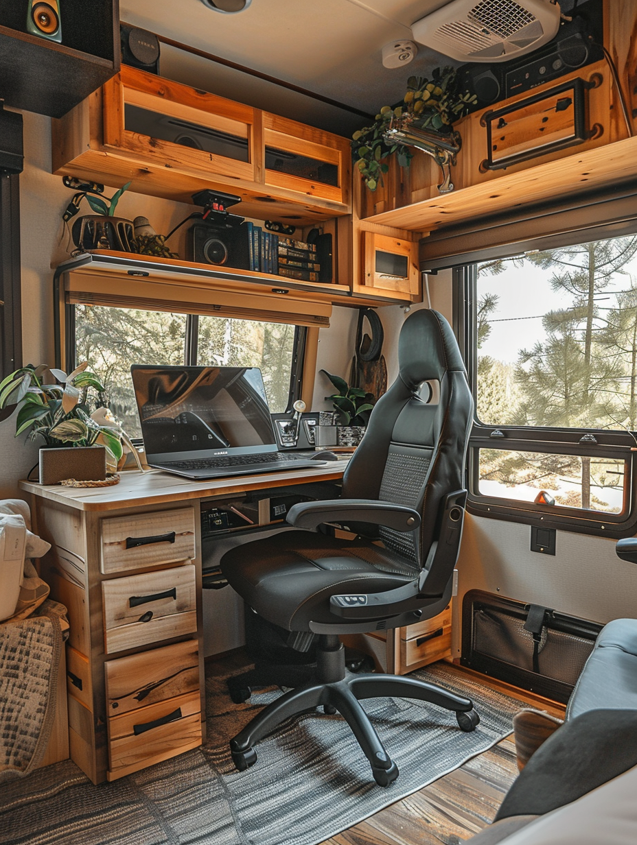 RV interior. Custom built workstation with ergonomic chair near large window.