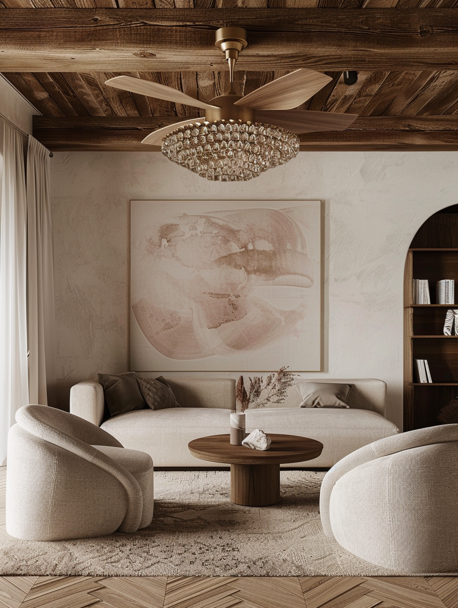 Luxurious modern interior design of a living room. Twelve-foot herringbone pattern oak wood ceiling, with an orb-shaped brass and crystal chandelier, silent, airplane propeller-inspired ceiling fan, oversized canvas art print depicting abstract forms in muted blush and charcoal tones dominating one wall.