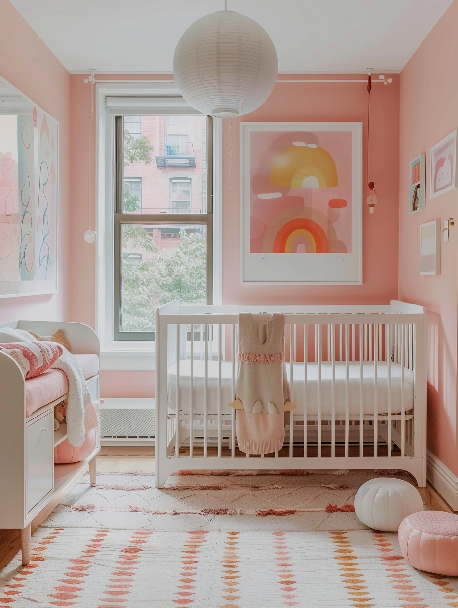 Wide view of Modern Pink Nursery. Soft pink painted walled nursery with white cribs positioned centrally, featuring large bay windows for natural daylight, minimalistic plush toys placed unobtrusively around, and abstract yet playful artwork hung tastefully above the crib.