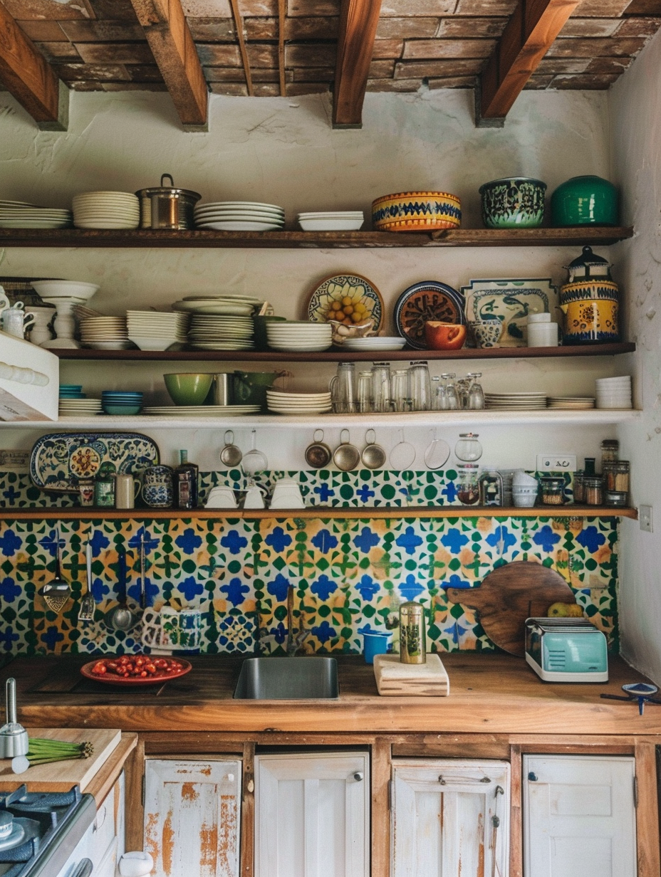 Boho kitchen. Raw wood open shelves with decluttered clean white wares, framed by intricately patterned Moroccan wall tiles in vibrant hues of ultramarine and verdant greens.