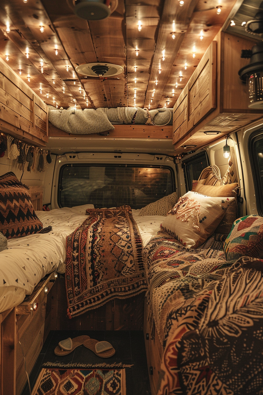 Boho Camper Sprinter Van. Rustic interior with string lights and tribal-patterned throws.