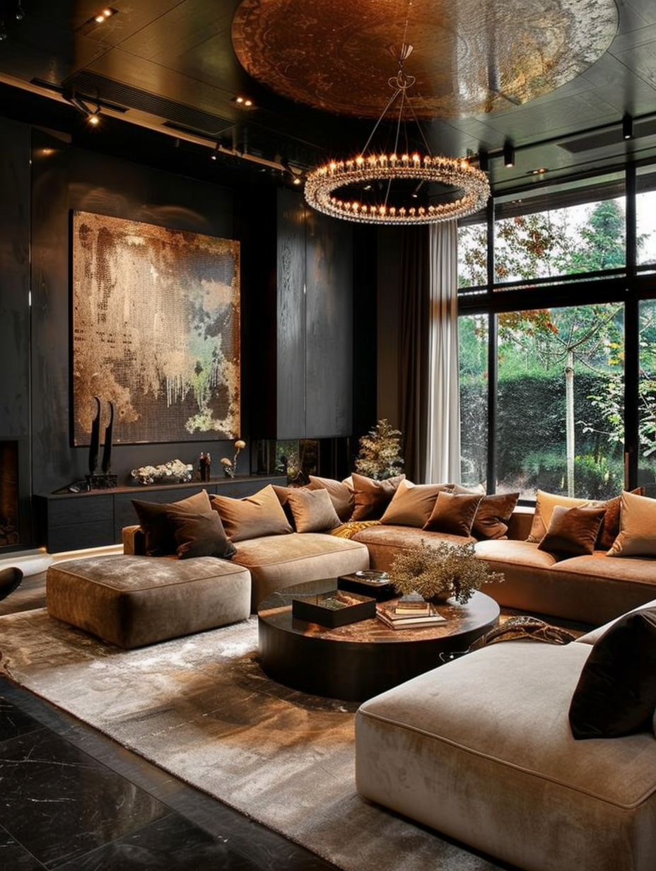 Luxurious and modern living room interior design. Black high ceilings with vintage bronze-gold chandelier, beige plush sofas and abstract wall art.