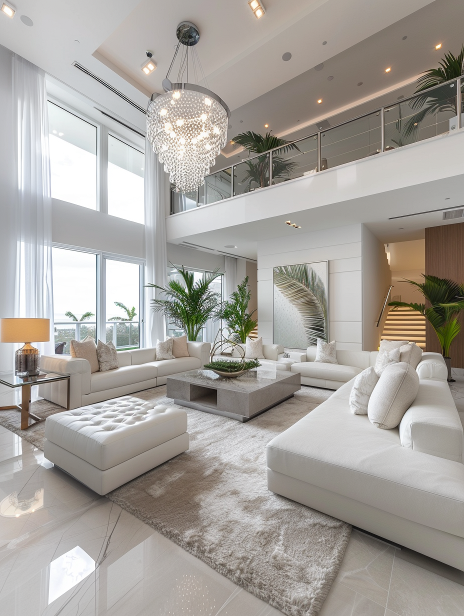 Luxurious and modern interior design of a living room. Minimalist white palette with high ceiling, incorporating warm LED lighting, fine art acrylic paintings, statement chandeliers and oversized potted plants.