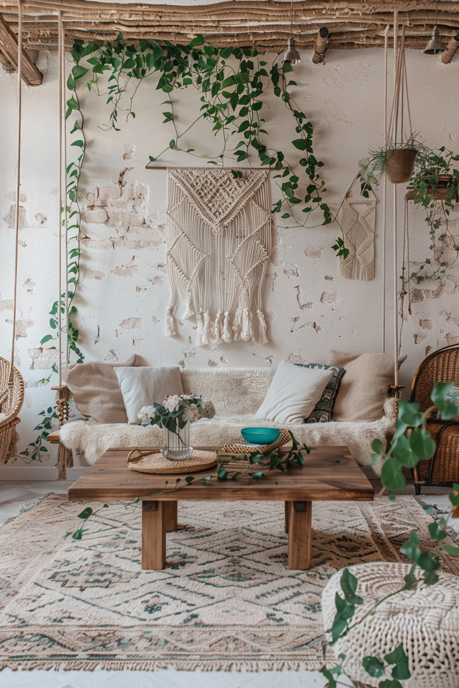 Boho designed living room. Natural wood coffee table, macramé wall hanging, off-white woolen area rug, rattan swing chair, echoes of turquoise accents and wall exclusively adorned with hanging greenery and crawling vines increasing robust nature vibes.