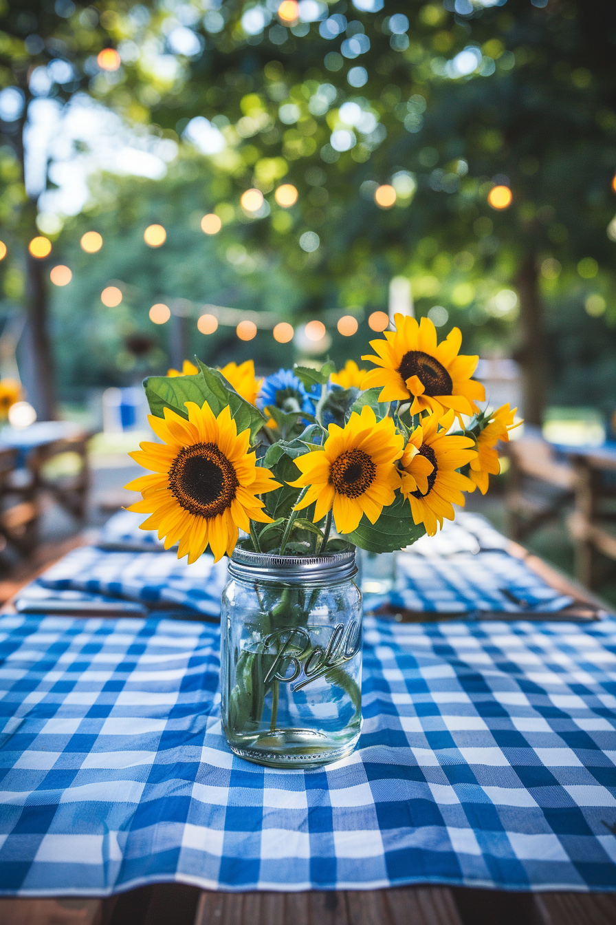 Backyard dinner party table decor. Blue and white checker tablecloth with a centerpiece of yellow sunflowers in a rustic Mason jar.