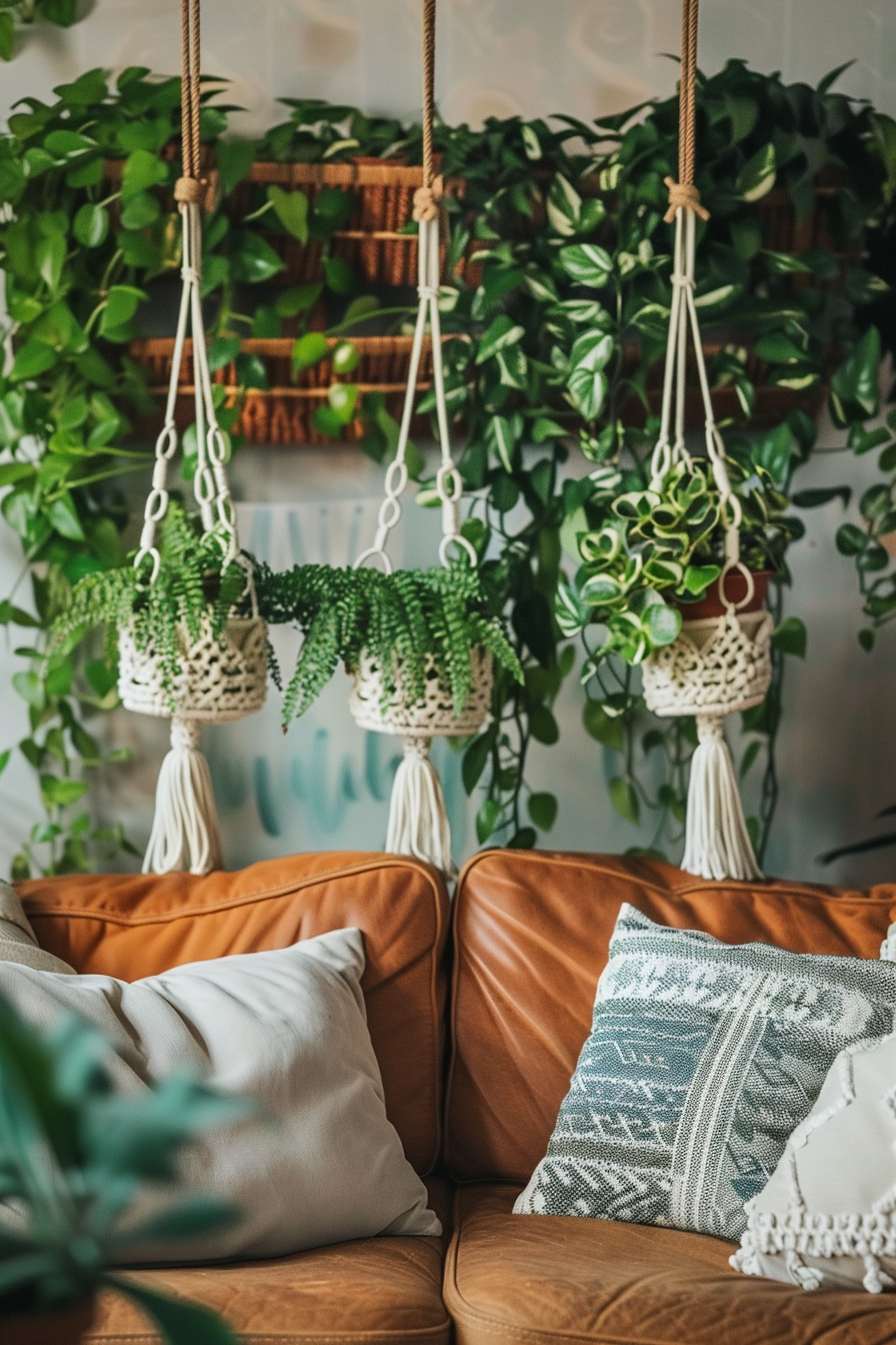 Boho designed living room. Hanging macramé plant holders with fern and English ivy against a wall of succulent grass.