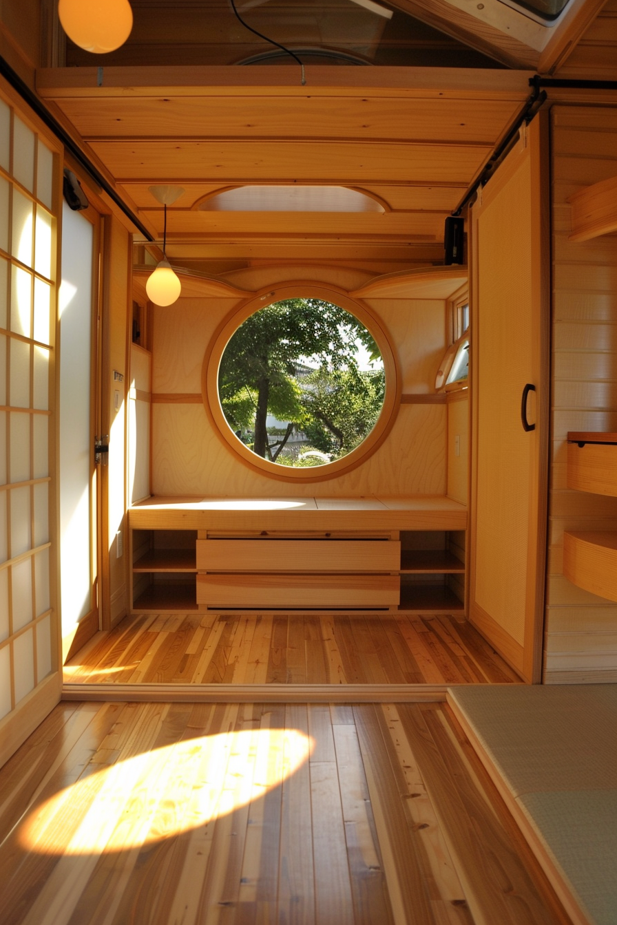 Interior view. Japanese tiny house with sliding doors and bamboo floor.