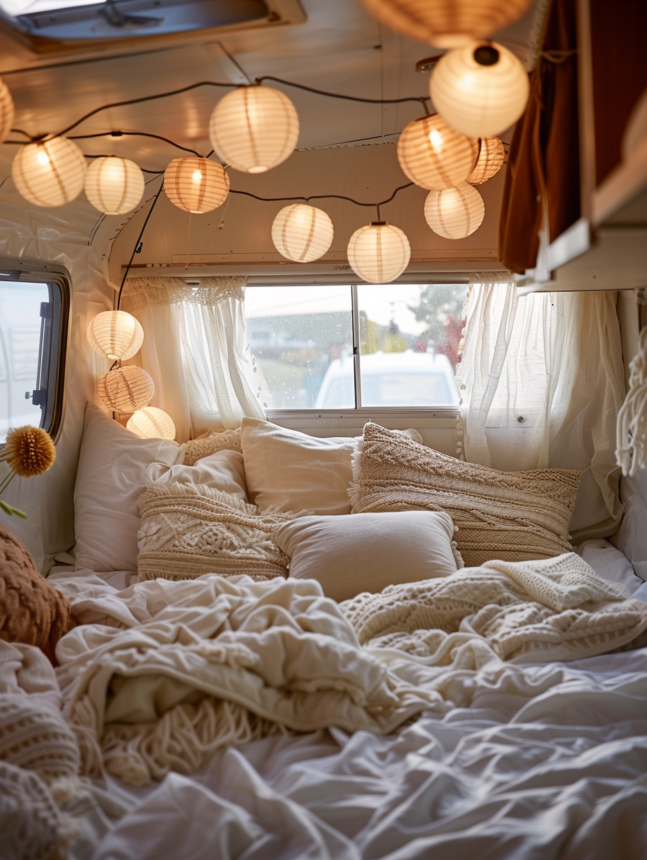 fluffy white duvet at the very end of the camper. Light paper lanterns hanging along with macramé wall decor above the seating area. Warm string lights add ambient overwhelm curvature of ceiling.